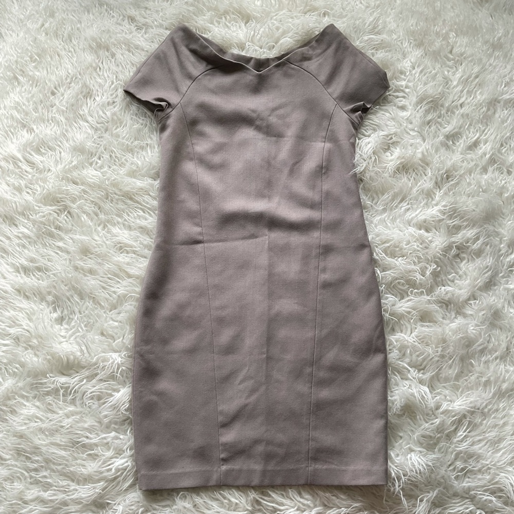 Zara‎ Taupe Wool Plunging Neckline Sheath Dress